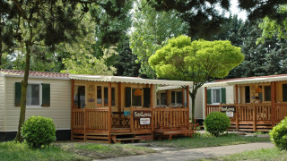 Photo of SunLodge Maple cabins with wooden porches, outdoor seating, and lush trees in a peaceful setting.