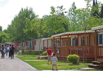 Familias y niños disfrutan su estancia frente a SunLodge Maple en Camping Bella Italia, rodeados de árboles.