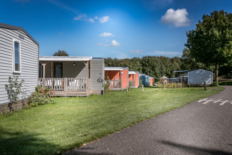 Række af farverige hytter i Forest lodge ved Vakantiepark De Luttenberg, Holland, på en solrig dag.