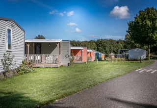 Kleurrijke huisjes bij Forest lodge in Vakantiepark De Luttenberg, Nederland, bij mooi zonnig weer.