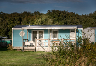 Blauwe Forest lodge bij Vakantiepark De Luttenberg in Nederland, omgeven door gras en bomen.