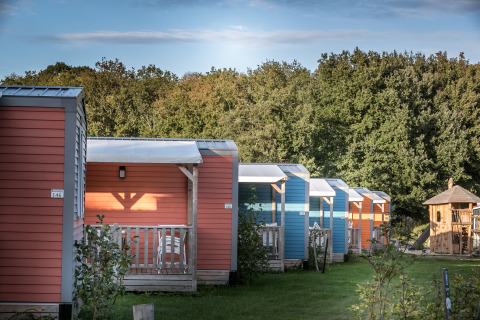 Cabañas de madera coloridas en Forest Lodge, Vakantiepark De Luttenberg, rodeadas de bosque en Países Bajos.