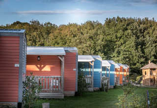 Cabañas de madera coloridas en Forest Lodge, Vakantiepark De Luttenberg, rodeadas de bosque en Países Bajos.