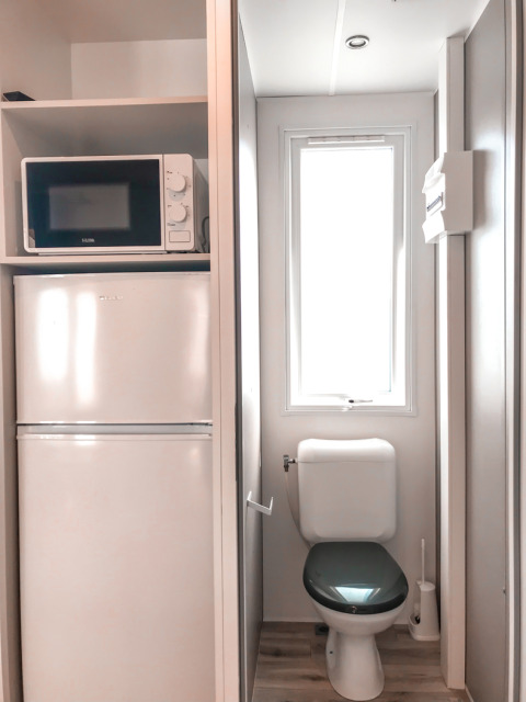 Baño pequeño con inodoro, refrigerador y microondas en Forest lodge, Vakantiepark De Luttenberg, Países Bajos.