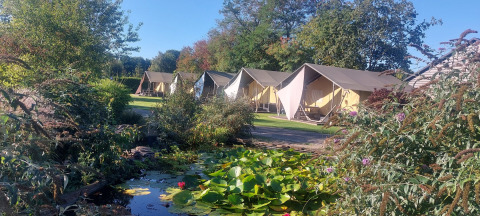 Tiendas tipo safari en Vakantiepark De Luttenberg, Países Bajos, cerca de un estanque y áreas verdes.