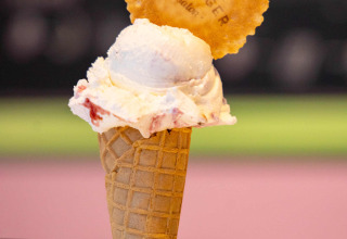 Ice cream cone with cookie from Camping Waddenzee, North Holland, Netherlands—perfect summer holiday treat.