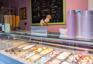 Gelateria al Camping Waddenzee, Olanda Settentrionale, Paesi Bassi, con vari gusti e coni in vetrina.
