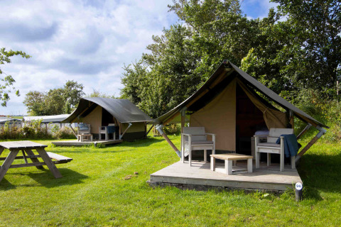 Tiny Tent Lodges beim Camping Waddenzee in den Niederlanden, mit Holzmöbeln und viel Grün drumherum.