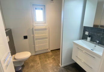 Moderne badeværelse med toilet, håndvask, spejl og opvarmet håndklædestativ på Vakantiepark de Zeeuwse Parel.