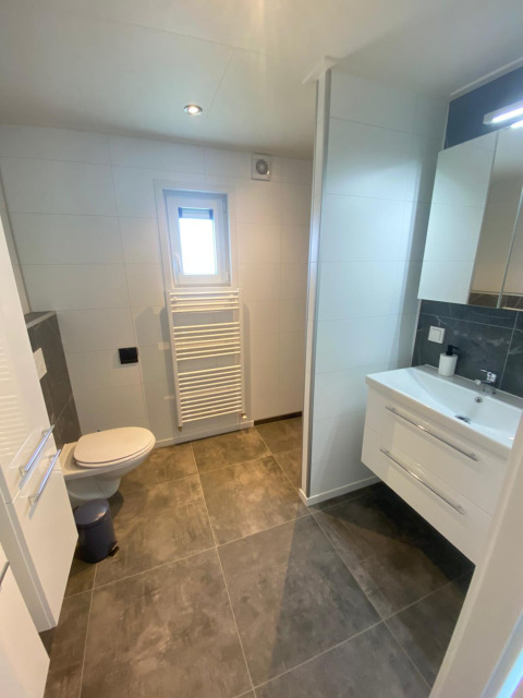 Moderne badkamer met wc, wasbak, spiegel en verwarmd handdoekenrek in Vakantiepark de Zeeuwse Parel.