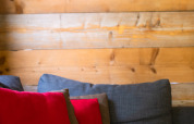 Sofá gris con cojines rojos frente a una pared de madera y un cuadro en una tienda safari en Tentlodge.