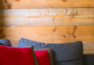 Sofá gris con cojines rojos frente a una pared de madera y un cuadro en una tienda safari en Tentlodge.