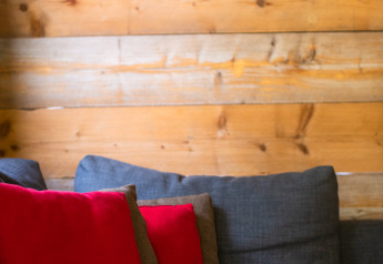 Grijze bank met rode kussens voor een houten wand en schilderij in een safaritent bij Tentlodge.