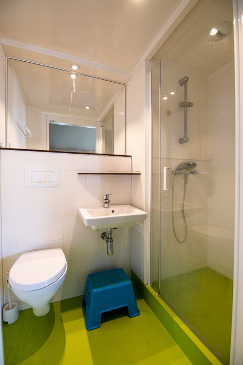 Salle de bain moderne d'une tente safari Tentlodge avec sol vert, douche, WC, lavabo et grand miroir.