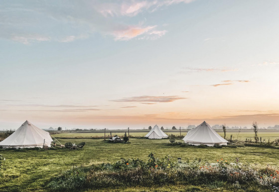 Solopgang over tre tipitelte på en grøn eng ved Smûk Lytse Bell Tent, Smûk Recreatie, Holland.