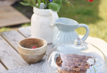 Rustikaler Kaffe- und Kuchentisch mit Blumen und Kuchen im Glasdom bei Smûk Grutte Bell Tent in den Niederlanden.