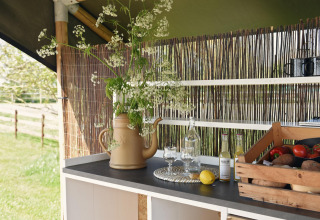 Outdoor kitchen counter with flowers, lemon, drinks, and vegetables at Smûk Recreatie holiday park, Friesland.