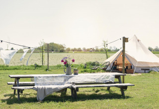 Outdoor picnic table with flowers, tent, and bicycles in a field at Smûk Recreatie, Friesland, Netherlands.