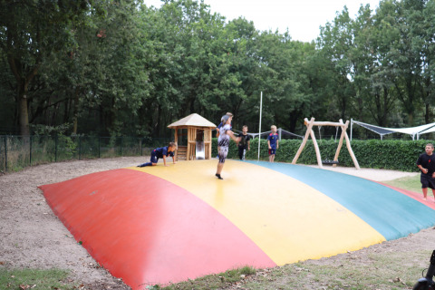 Niños jugando en una gran almohadilla de salto colorida en Holiday Park Duinhoeve, rodeados de árboles.