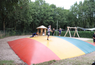 Børn leger på en stor, farverig hoppepude i Holiday Park Duinhoeve, omgivet af grønne træer i Holland.