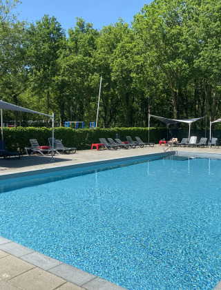 Piscine extérieure avec transats et parasols au parc de vacances Duinhoeve, Brabant-Septentrional, Pays-Bas.