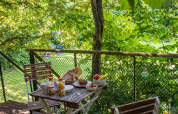 Breakfast set on a treehouse balcony at Buytenplaets Suydersee in the Netherlands, surrounded by lush greenery.