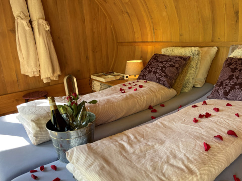 Dormitorio romántico en Boomhut Suite con pétalos de rosa, champán y cojines en Buytenplaets Suydersee.