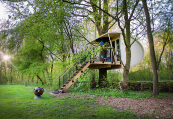 Cabane moderne Boomhut Suite à Buytenplaets Suydersee, Pays-Bas, entourée de forêt verdoyante.