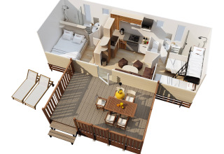 3D-grondplan van SunLodge Maple op Camping Bella Italia met terras, woonruimte, keuken en slaapkamers.