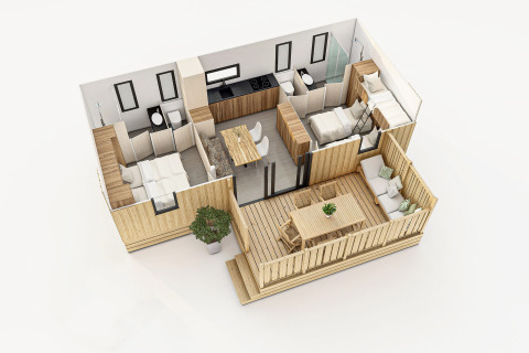 3D grondplan van SunLodge Babul met twee slaapkamers, twee badkamers, keuken en groot terras buiten.