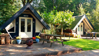 Zwei kleine Trekkershut-Hütten im Wald mit Picknicktisch, Rasen und Kamin im sonnigen Außenbereich.
