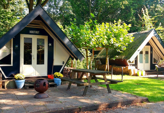 Billede af to små Trekkershut-hytter i en grøn, solrig skov med picnicbord og ildsted ude foran.