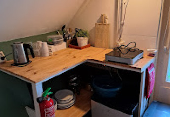 Pequeña cocina con hervidor, placa, plantas y extintor en una tiny house en Buytenplaets Suydersee, Países Bajos.