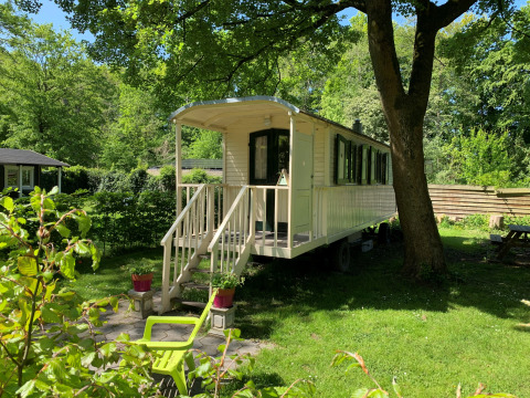 The Pipowagen tiny house is nestled among green trees, with a front porch and outdoor seating in sunlight.