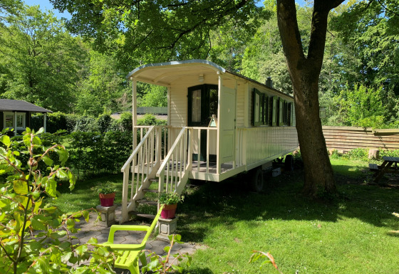 The Pipowagen tiny house is nestled among green trees, with a front porch and outdoor seating in sunlight.