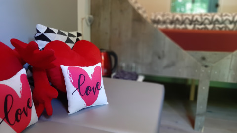 Accogliente interno della tiny house Pipo Love a Buytenplaets Suydersee, Paesi Bassi, con cuscini a cuore.