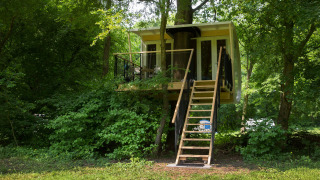 Cabane moderne dans les arbres nommée Boomhut Family, surélevée parmi des arbres verts luxuriants.