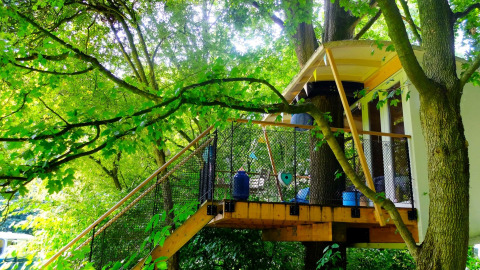 A vibrant treehouse named Boomhut Family at Buytenplaets Suydersee in the Netherlands, among lush trees.