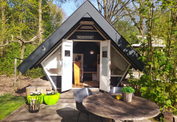 Tiny, triangular Trekkershut house at Buytenplaets Suydersee in the Netherlands, nestled among green trees.
