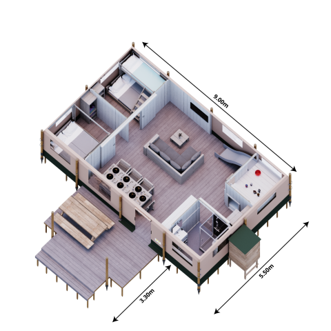 3D-plantegning af Safari telt med sanitet på Eurocamping Vessem BV, Holland, med moderne interiør.