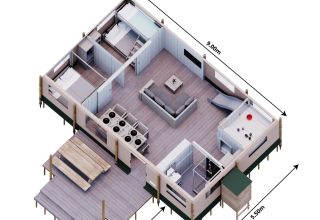 Plano 3D de tienda safari con baño privado en Eurocamping Vessem BV, Países Bajos, diseño moderno.