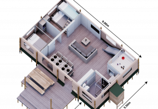 Plano 3D de tienda safari con baño privado en Eurocamping Vessem BV, Países Bajos, diseño moderno.