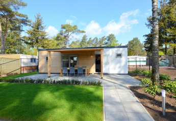 Moderne lodge met houten voorgevel, terras en tuinset buiten, omgeven door gras en bomen.