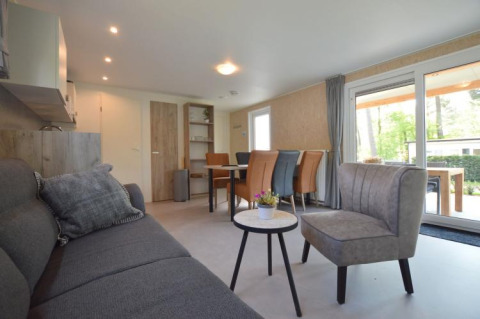 Moderne lodge med stue, spisebord, sofa og store vinduer med udsigt til terrasse og grøn natur.