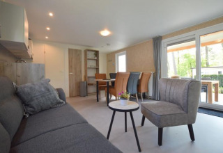 Moderne lodge med stue, spisebord, sofa og store vinduer med udsigt til terrasse og grøn natur.