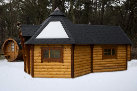 Finse Kota tiny house ved Costa Kabrita i Nederlandene, omgivet af sne og skov, set udefra.