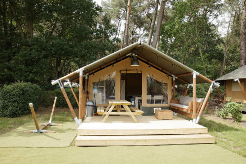 Lodge de tienda safari con terraza de madera, banco, mesa de picnic y fondo de bosque, ideal para relajarse.