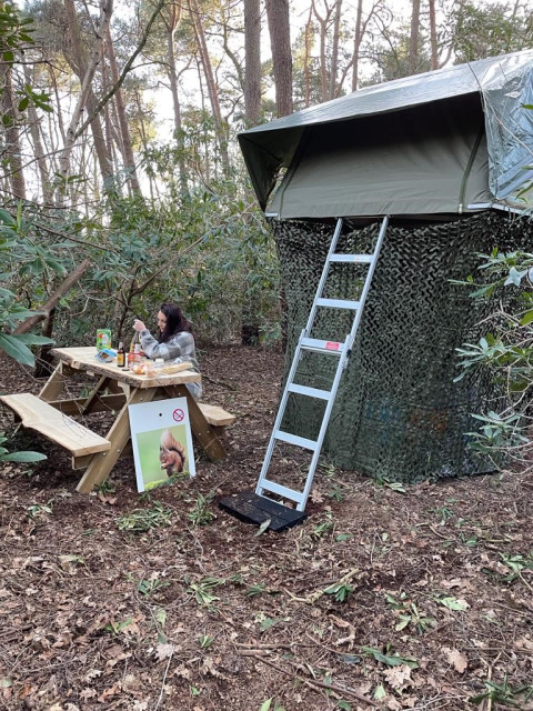 Persoon aan picknicktafel voor Treelodge-boomhut met ladder in bos bij Costa Kabrita, Nederland.