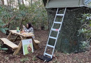 Person sidder ved et picnicbord foran Treelodge træhus med stige i skov ved Costa Kabrita, Holland.