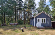 Casetta blu allo Stuga glamping di Småland Miniglamping, Svezia, circondata da pini e galline.